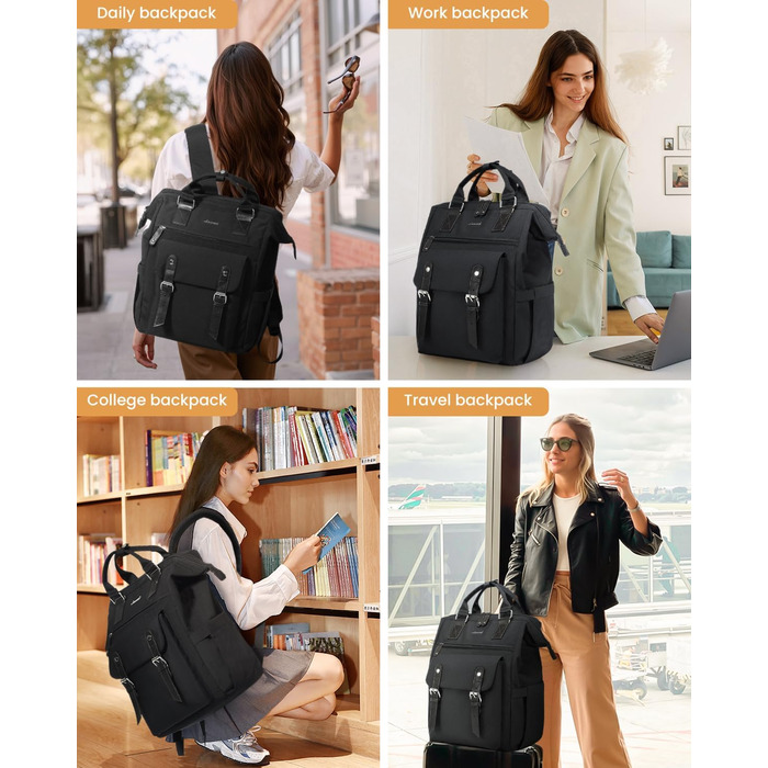 LOVEVOOK Рюкзак для жінок, 18 дюймів, водонепроникний, рюкзак для подорожей, ручна поклажа, чорний з кишенею для кабелю, відділенням для ноутбука, рюкзак на день для школи, університету, бізнесу та подорожей, 18 дюймів, чорний
