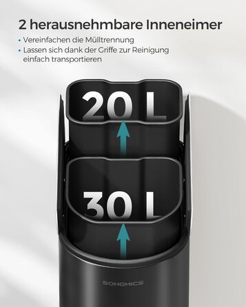 SONGMICS Відро для сміття кухонне, сортувальник 2 відділення, 30 л та 20 л, вузьке, з педаллю, для переробки та сміття, з двома кришками, білий + металік