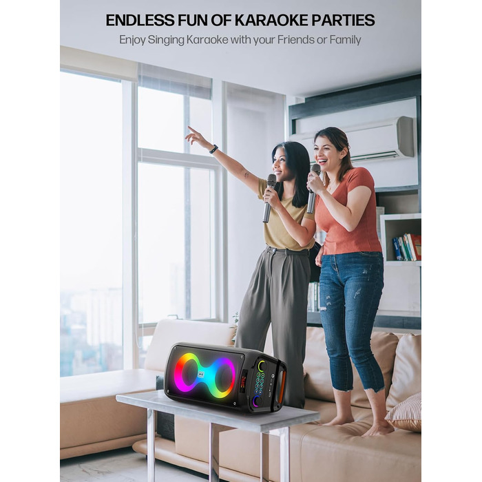 Портативна караоке-машина з Bluetooth, 2 мікрофонами, світлодіодним підсвічуванням та підтримкою USB/TF/Rec/FM/AUX