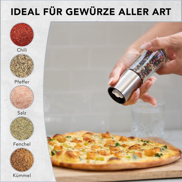 Набір з 2 електричних мельниць для солі та перцю преміум-класу | Регульоване керамічне подрібнювання | Набір з високоякісної нержавіючої сталі для солі, перцю та інших спецій