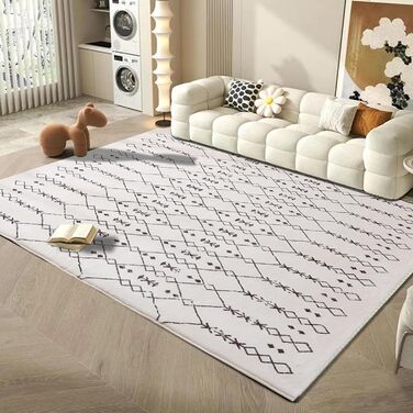 Килим для вітальні абстрактний великий, 120 x 160 см (160 x 200 см), короткий ворс, білий, бежевий/слонова кістка, для вітальні, спальні, їдальні