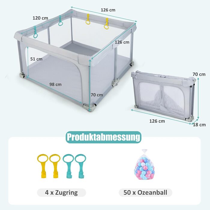 DREAMADE Playpen Baby, 126 x 126 cm Playard Folding with 50 Play Balls & 4 Pull Rings, Safety Net with Breathable Mesh & Zipper (Light Grey)