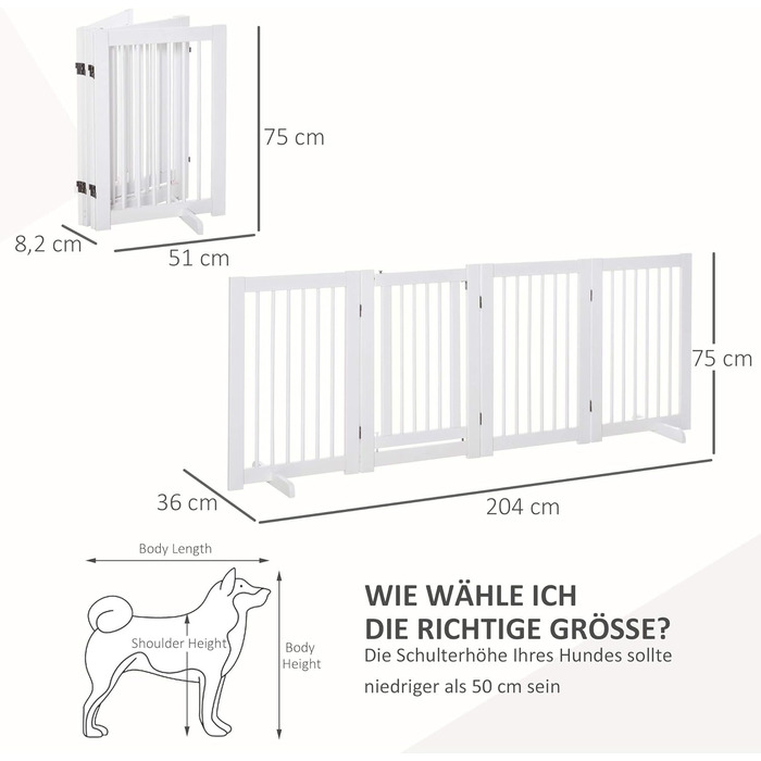 Захисний бар'єр для собак PawHut - самостійний, 204 x 75 см, 4 панелі, білий