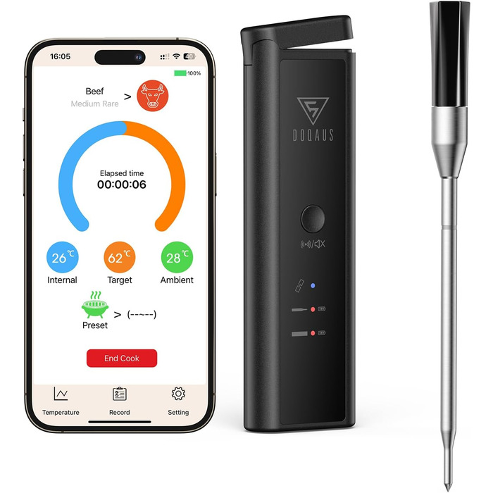 Бездротовий термометр для м'яса DOQAUS з Bluetooth, 158м, IPX7, для гриля, духовки, коптильні, ростера, фритюрниці, мийки