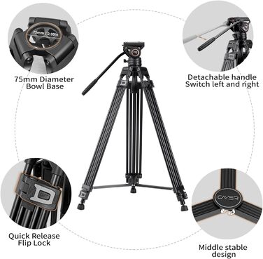 Штатив відео Cayer BF30L з пливним кріпленням, 73' (22м) – міцний штатив для DSLR, відеокамер, камер (13.2 кг)