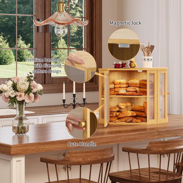Бак для хліба на кухонну стільницю Eck, контейнер для домашнього хліба, двошаровий, великий бамбуковий контейнер для кухні з вікном (Білий, середній)