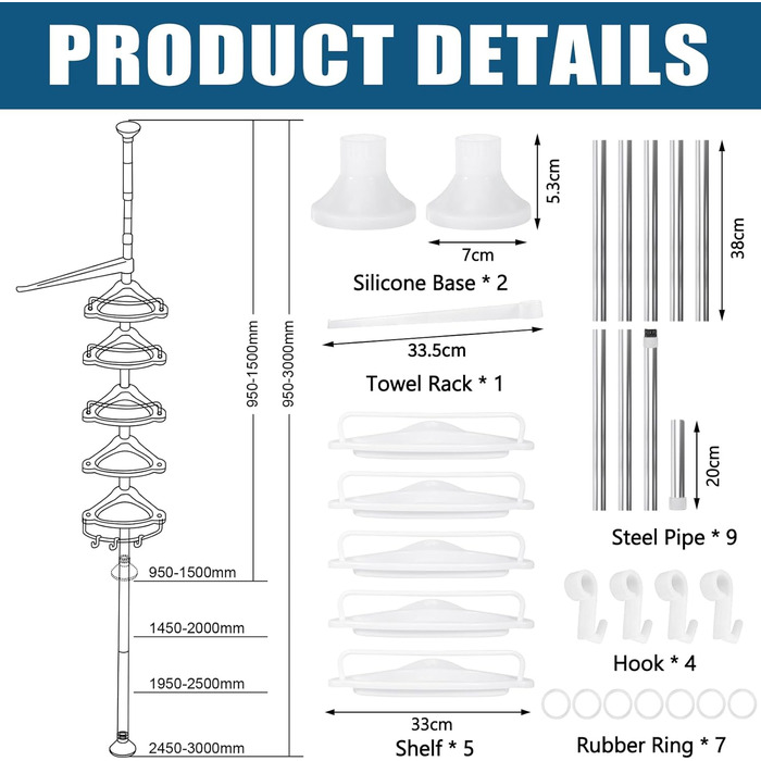 Телескопічна поличка для душу, регульована висота 100-310 см, 5 полиць з 4 гачками та тримачем для рушників, кутова поличка для ванної кімнати без свердління