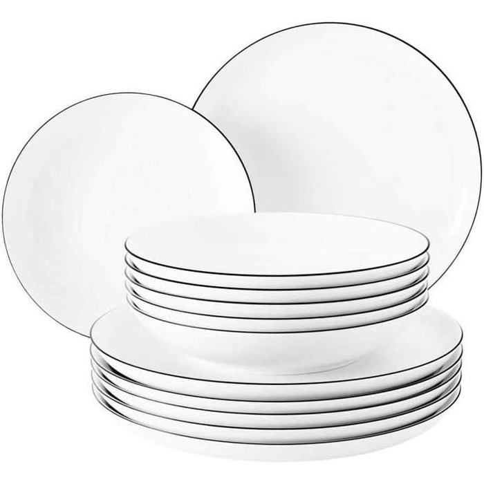 Seltmann Weiden 001.737148 Lido Tableware Set - 6 Dinner Plates + 6 Soup Plates - 12-Piece - Black Line Single