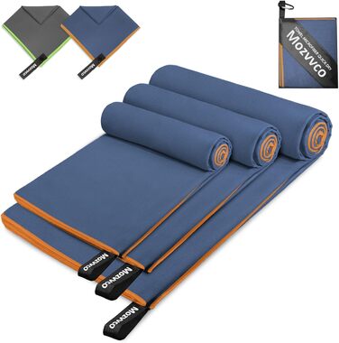 Набір рушників з мікрофібри: великий (180x80 см), спортивний (100x50 см), пляжний (80x40 см). Кольори: темно-сірий + зелений, темно-синій + помаранчевий