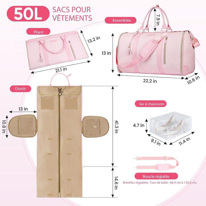 Сумка-трансформер для подорожей 50 л, 2-в-1 з водонепроникним відділенням для взуття та системою проти зминання – для жінок та чоловіків, ідеальна для ділових поїздок та відпочинку (Рожева)