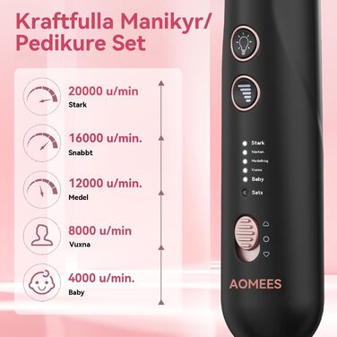 Електричний набір для манікюру та педикюру AOMEES з 9 насадками, 5 швидкостей, LED-підсвічуванням та сумкою для зберігання