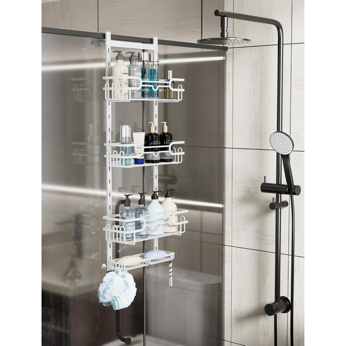 HapiRm Shower Shelf - Hanging Shower Rack Adjustable with 4 Shower Baskets, Shower Shelf No Drilling with Soap Dish and Hooks, Shower Shelf Over the Door Glass Wall & Bathroom Door (White)