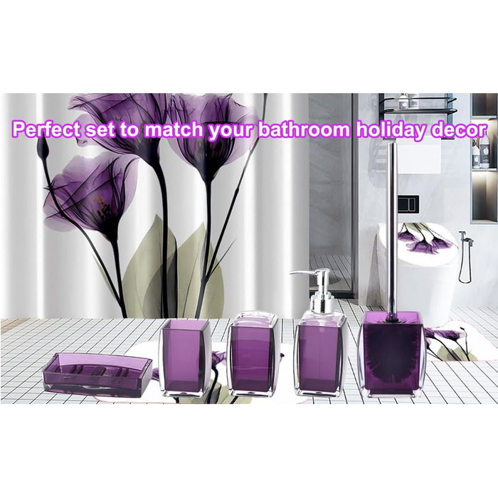 Bathroom Accessories, 5-Piece Set, Resin/Acrylic, Complete Set, Lotion/Soap Dispenser, Soap Dish, Toothbrush Holder, Cup, Toilet Brush and Holder, Modern Bathroom Decor and Gift Set, (Purple)