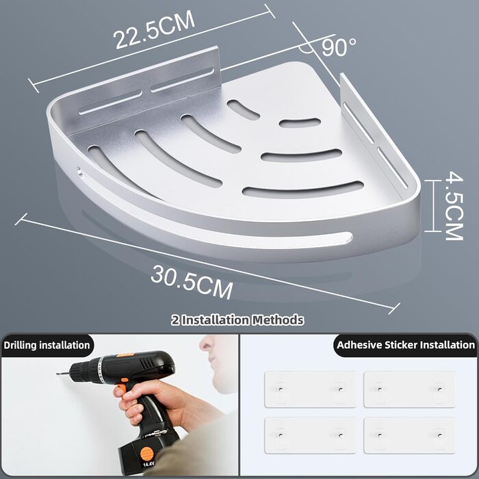 Поличка для душу без свердління, кутова поличка для ванної кімнати з алюмінію, трикутна корзина для душу з гачками, органайзер для шампуню, стійка до іржі (2 шт., піскоструминне золоте покриття) (Блискучий срібло)