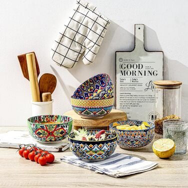 HENXFEN Набір з 6 порцелянових мисок для мюслі, супу, салату, 850 мл. Богемний квітковий дизайн, 6 кольорів