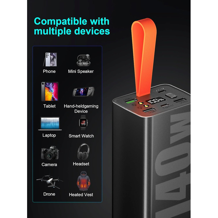 Портативний акумулятор 140W 70000mAh з 5 виходами USB-C, PD3.1, QC4.0, LED-дисплеєм, ліхтариком, для ноутбука, телефону, планшета, подорожей, кемпінгу, чорний