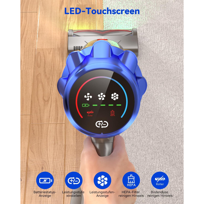 Бездротовий акумуляторний пилосос H9 58000Pa/650W з LED-екраном та турбощіткою для тварин, килимів та твердих підлог (блакитний)