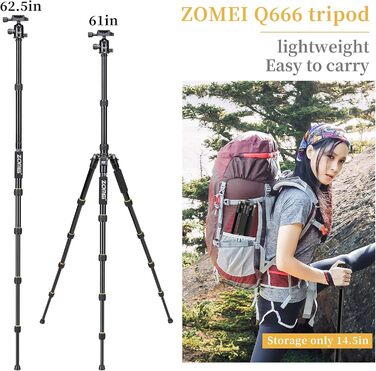 Штатив ZOMEI Q666 для камери: алюмінієвий, 155 см, 3-в-1 (штатив, макроштатив, монопод), з кульковою головкою 360° та швидкою платформою 1/4'