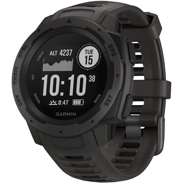 Garmin Instinct - водонепроникний GPS-годинник зі спортивними та фітнес-функціями. Вимірювання частоти серцевих скорочень на зап'ясті, фітнес-трекер та сповіщення зі смартфона. Багато моделей на вибір, ремінець чорний
