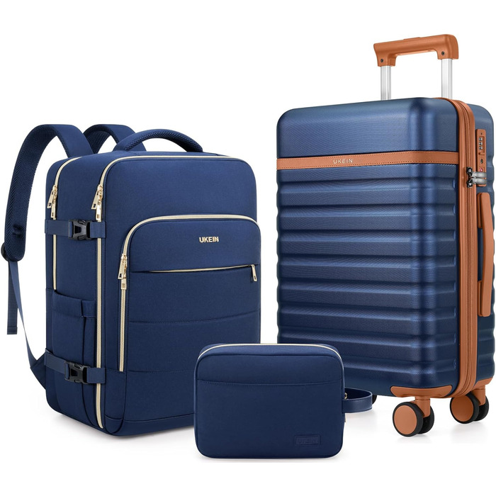 Набір валіз UKEIN 3 шт. з жорстким корпусом, міцний ручний багаж з 4 колесами, TSA-замок, рюкзак та косметичка (Marineblau)