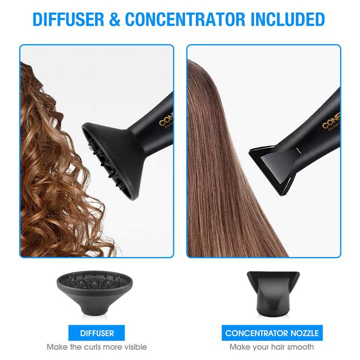 CONFU 2300W Professional Hair Dryer with Ionic Technology - Salon Quality, Diffuser & Styling Nozzle, AC Motor, Fast Drying, 2 Speed & 3 Heat Settings, LED Display, 220V