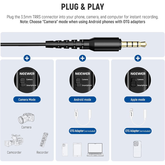 NEEWER Мініатюрний USB-C Лавалерний Мікрофон 2 шт. для iPhone 16 15 Pro Max, Android, Телефонів, Планшетів, ПК, з кабелем 2м (CM10 з 3.5mm TRRS штекером)