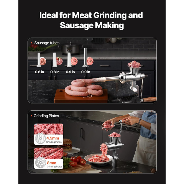 М'ясорубка ручна VEVOR з нержавіючої сталі 304, з насадкою для ковбас, кріпленням до столу та 2 дисками (4.5/8 мм) + 4 насадки для ковбас