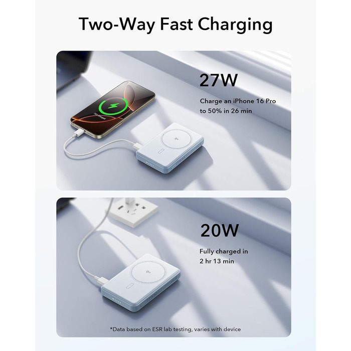 Power Bank ESR MagSafe 10000mAh з бездротовою зарядкою Qi2, 15W, USB-C, для iPhone та Google Pixel, білий