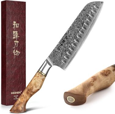 HEZHEN Кухонний ніж Gyuto 21см з дамаської сталі VG10, преміум якість, з ручкою з берези, для дому та ресторану