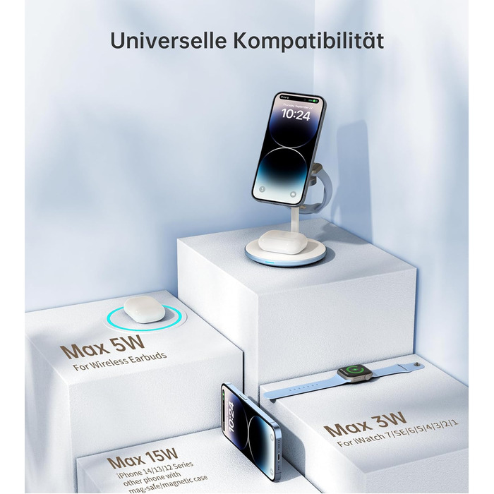 База для бездротової зарядки 3-в-1: iPhone, iWatch, AirPods, 15W, MagSafe, фіолетовий (світло-блакитний)