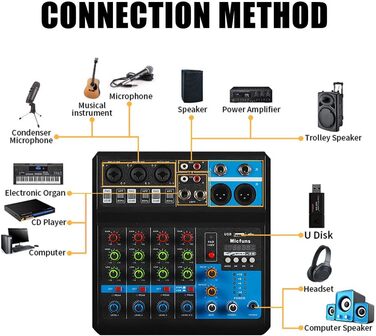 Міні аудіо DJ-мікшер 5-канальний з Bluetooth, USB, MP3, 48V фантомним живленням, стерео, для професійного студійного та сценічного використання, вечірок, KTV