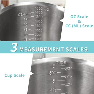 Newness Focus on stainless steel measuring cups, 1500 ml stainless steel measuring cup, improved, 3 types of markings, including ml, oz, and cup, stainless steel milk frothing cup with markings and handle