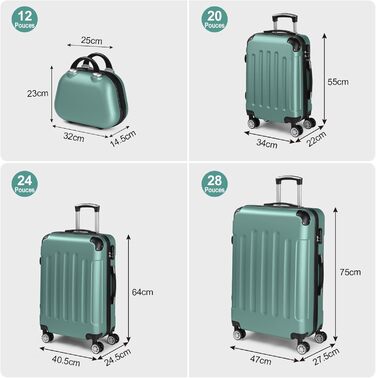 Набір валіз LEADZM 4 шт. з косметичками, посилені кути, ABS, телескопічна ручка, ручна поклажа (Чорний, Турквіс)