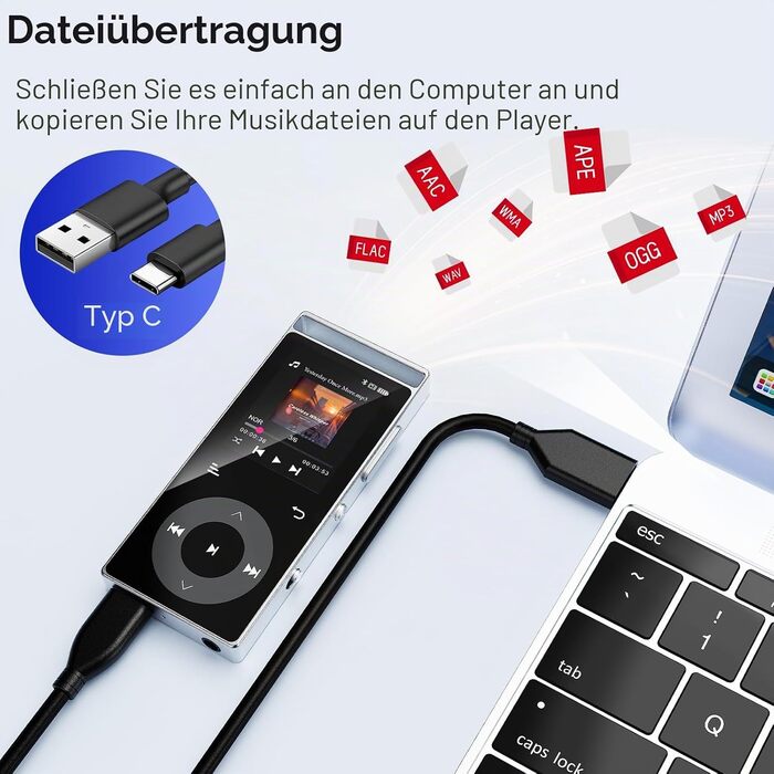 MP3 плеєр 90GB з Bluetooth 5.3 та HiFi звуком, сенсорним керуванням, кольоровим дисплеєм та FM-радіо, металевий корпус, підтримка карт пам'яті до 128GB, чорний/сріблястий