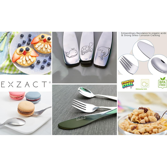 Набір дитячого столового приладдя EXZACT Kinderbesteck Set (18 предметів) з нержавіючої сталі для дітей від 2 років. Можлива гравіювання, безпечні ножі, підходить для миття в посудомийній машині.