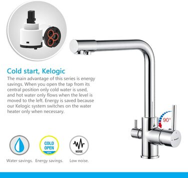 Кухонний змішувач 3-в-1 з обертанням 360° з нержавіючої сталі, з двома ручками, для фільтрації води, гарячої та холодної води, високого тиску, 3 шланги по 50 см