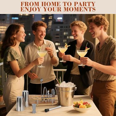 Набір для приготування коктейлів FoiiLiio 12 шт. з шейкером 750 мл, аксесуари для бару, нержавіюча сталь, бамбуковий стійкий, для дому