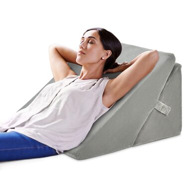 Підголовник GOPLUS для ліжка: подушка для читання, подушка для відпочинку, з піною з пам'яті, знімний чохол, подушка для ніг, подушка для спини, ергономічна з ручкою, подушка для вен, подушка для відпочинку для дивану/крісла, 54x32x50,5 см (Сірий)