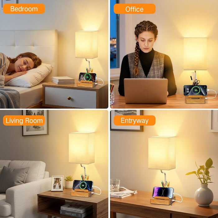 Настільна лампа світлодіодна OUTON 8000mAh бездротова з підставкою для ручок, акумуляторна, тканинний плафон, 3 режими світла, сенсорне керування, димування, індикатор заряду