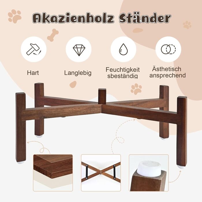 Миска для собак SpunkyJunky з кераміки, подвійна, з підставкою з акації (1250 мл, білий)