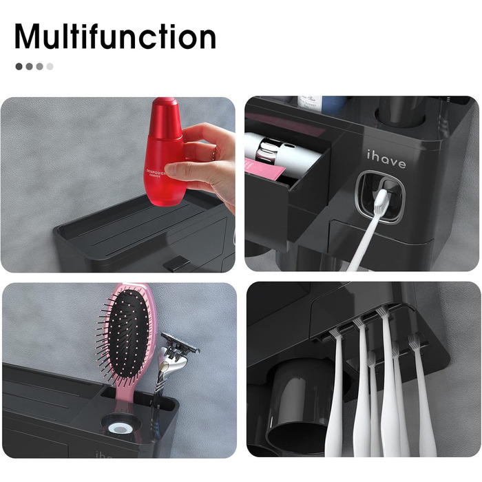 IHave Toothbrush Holder for Bathroom Storage, 3 Cup Toothbrush Holder Wall Mounted with Automatic Toothpaste Dispenser, Large Capacity Toothbrush Holder Bathroom Accessories Black