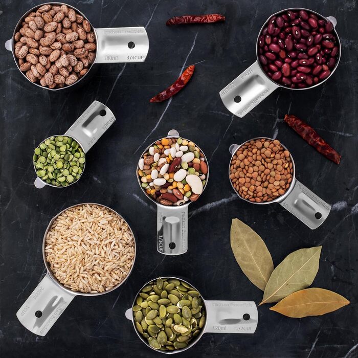 304 Stainless Steel Measuring Cup Set, 7-Piece, Stackable, with 1/8 Cup, 2 Tablespoons (Diverter Nozzle Model)