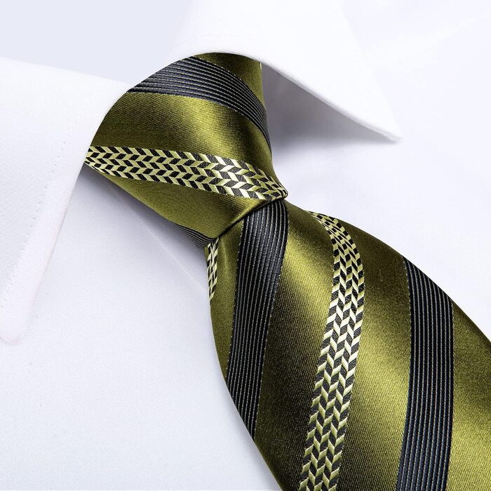 Набір краваток, нагрудних хустинок, запонок та затискачів для краватки DiBanGu для чоловіків. Оливково-чорний колір, смугастий, для весілля, бізнесу та офіційних заходів.