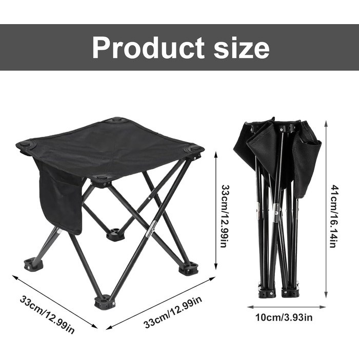 Зручний складаний стільчик для кемпінгу та відпочинку на природі, 33 см, чорний