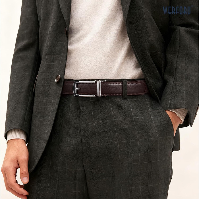 Чоловічі шкіряні ремені WERFORU (2 шт.) з автоматичною пряжкою. Підходять для ділового стилю та повсякденного носіння. Колір: чорний + кавовий. Довжина 130 см, для талії 90-110 см