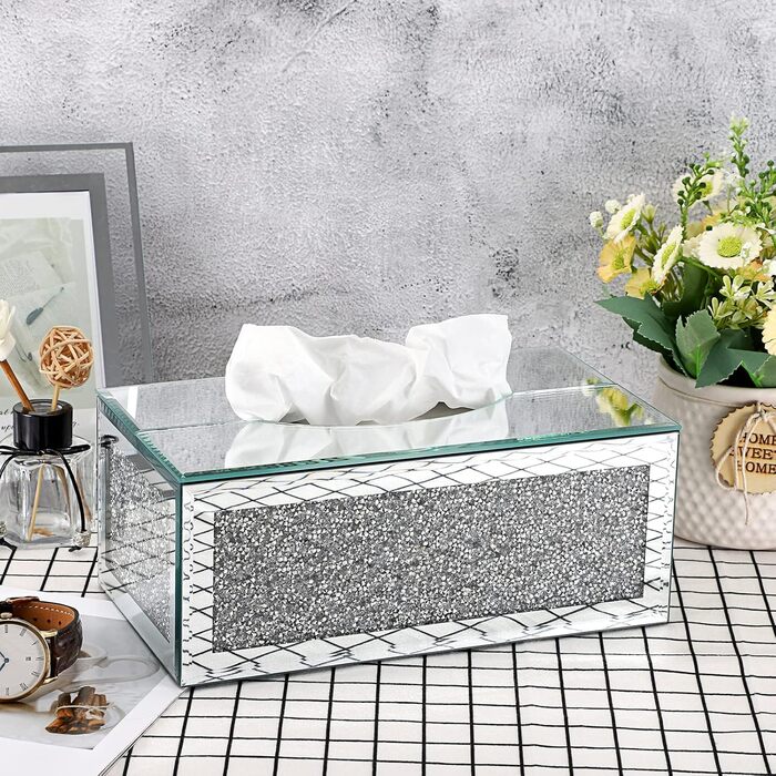 BTSKY Glittering Glass Tissue Box with Crushed Crystal Diamonds for Home Decoration, Table Napkin Holder