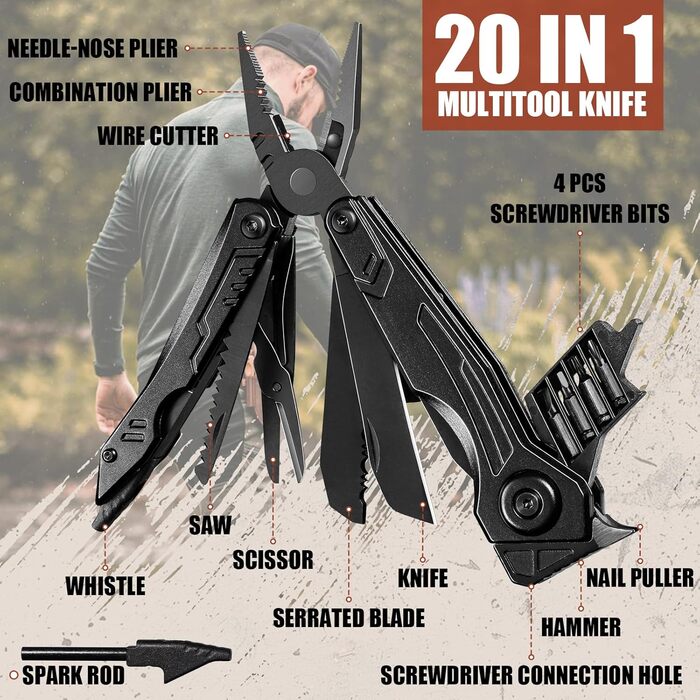 Freelander 21-in-1 Folding Multitool - Pliers with Knife, Saw, Screwdriver Bits - Camping Gear with Nylon Pouch for Outdoor Use, Men's Gift
