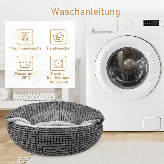 Ліжко для собак та котів середніх порід JOEJOY, кругле, з ковдрою, 66x66x15 см, сіре