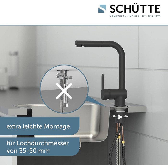 Кухонний змішувач SCHÜTTE LONDON з висувною лійкою, поворотний на 360°, з однорідним змішувачем, чорний, 29,8 см (для високого тиску)