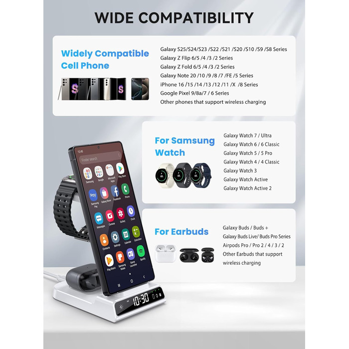 Бездротовий зарядний пристрій 3-в-1 для Samsung Galaxy S25 Ultra, Watch 8/7/Ultra, Buds, з цифровим годинником